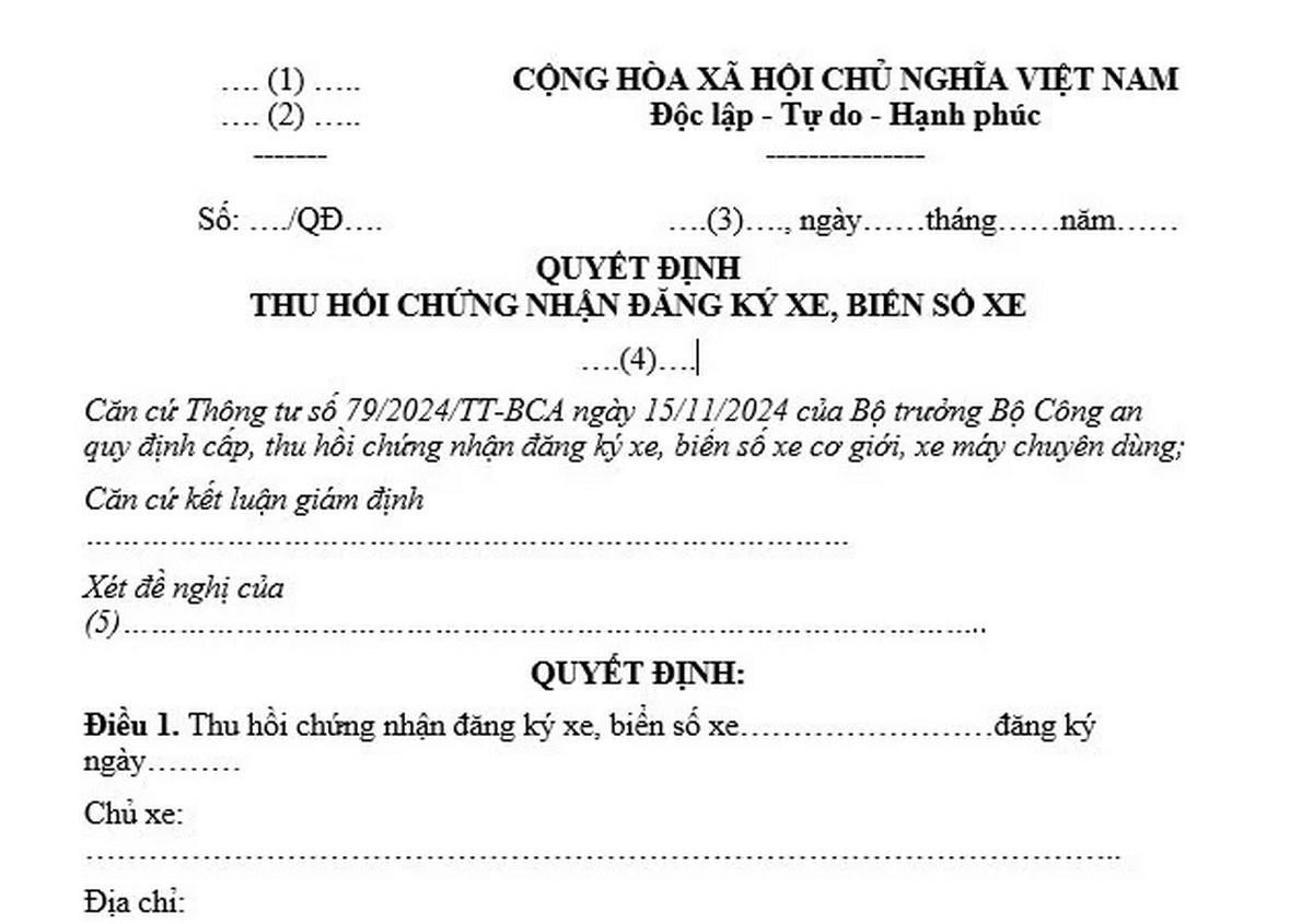 Giấy chứng nhận thu hồi đăng ký, biển số xe