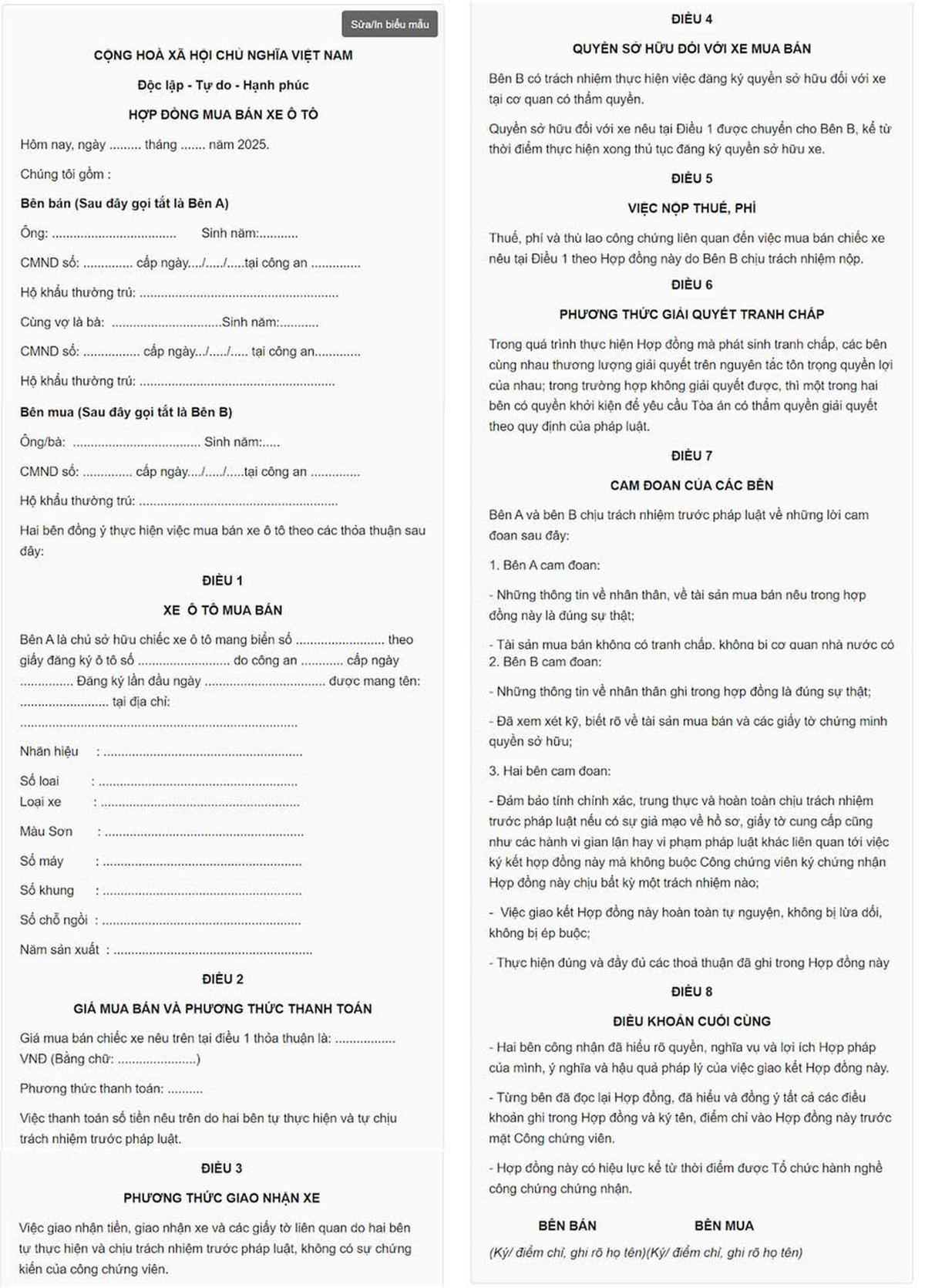Hợp đồng mua bán xe giữa công ty và cá nhân
